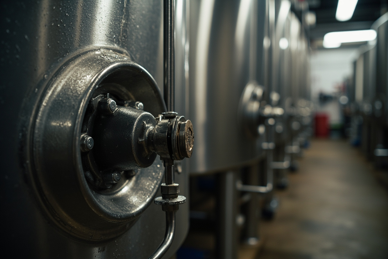 Stainless fermentation tanks in the working end of a small brewery