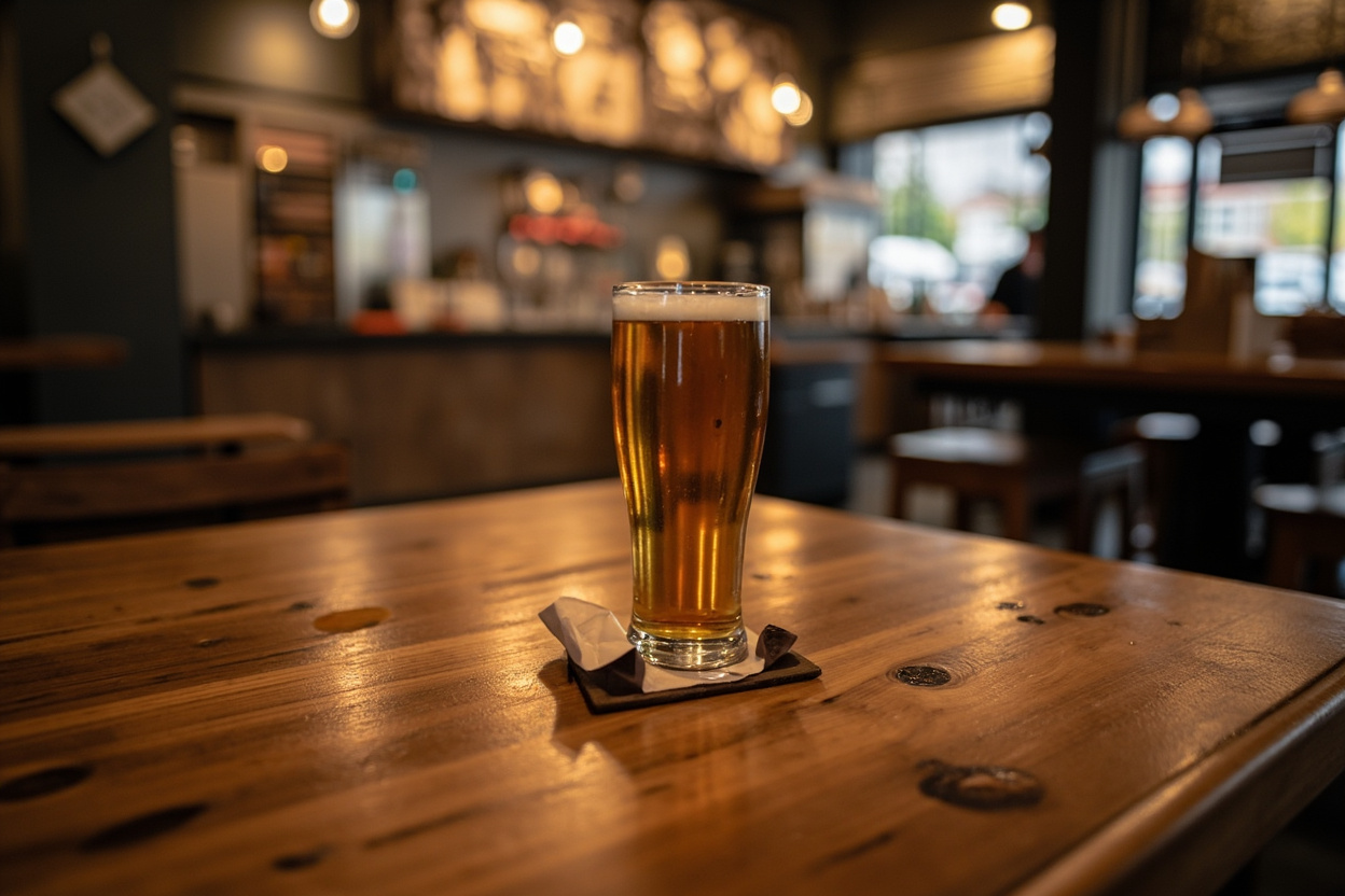 A single glass of amber beer on a worn timber taproom table
