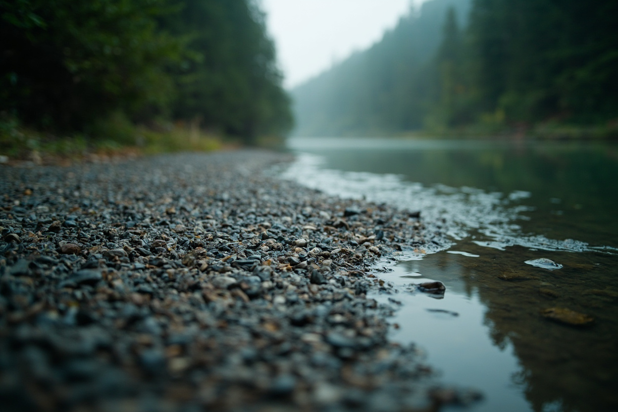 A rain-wet gravel trail along a river bank at first light, alder and cottonwood on one side and shallow green water on the other in Chilliwack BC