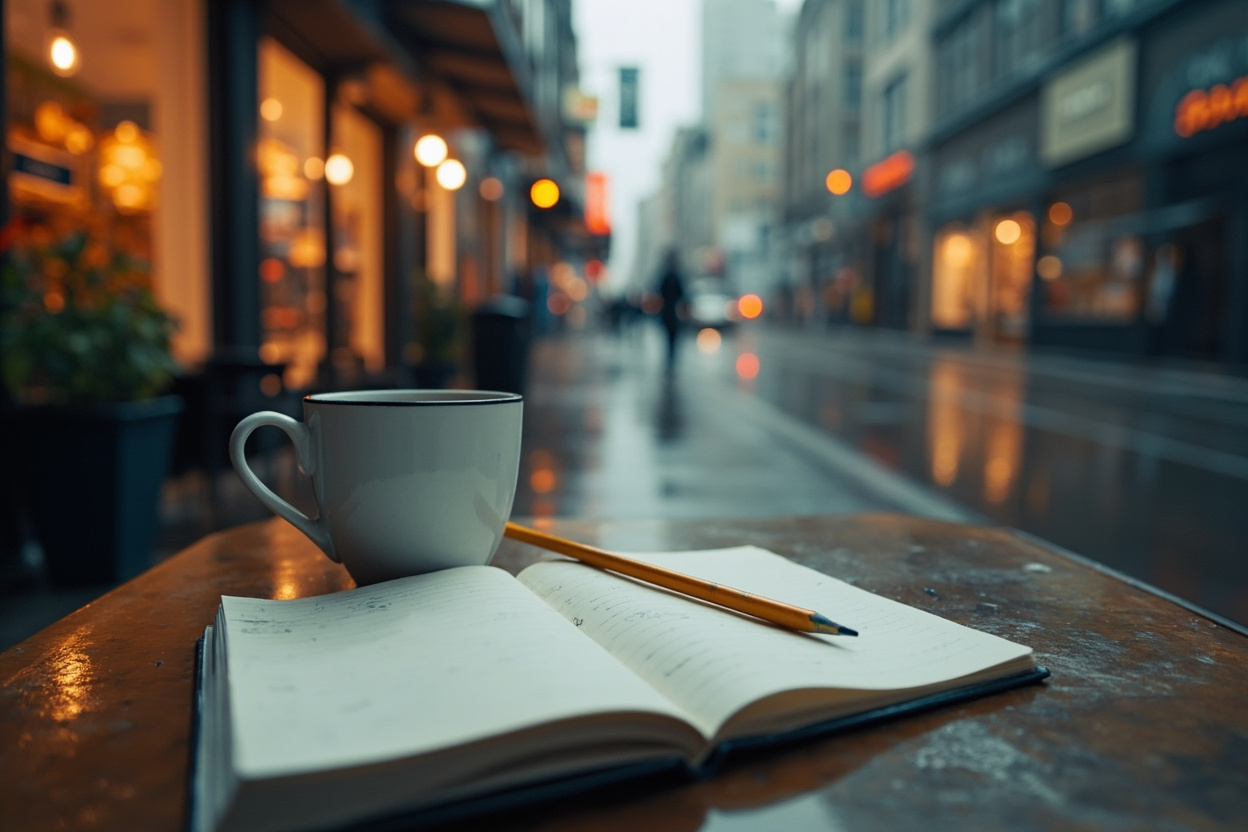 Notebook and pencil open beside a coffee mug at a rain-streaked window looking onto a wet shopping street in Chilliwack BC