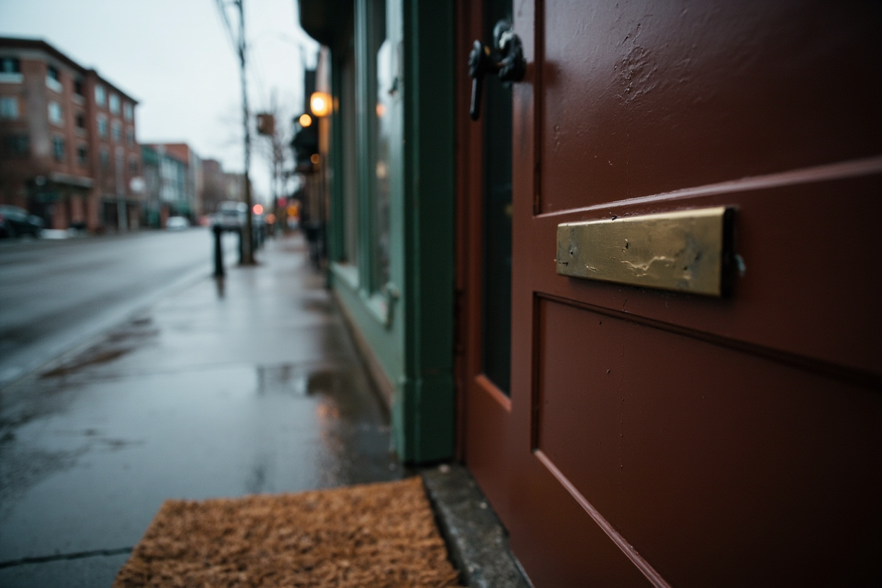 A dented brass letter slot on a painted wooden door above a rain-darkened coir doormat, the wet street behind it dissolved into grey bokeh in Chilliwack BC
