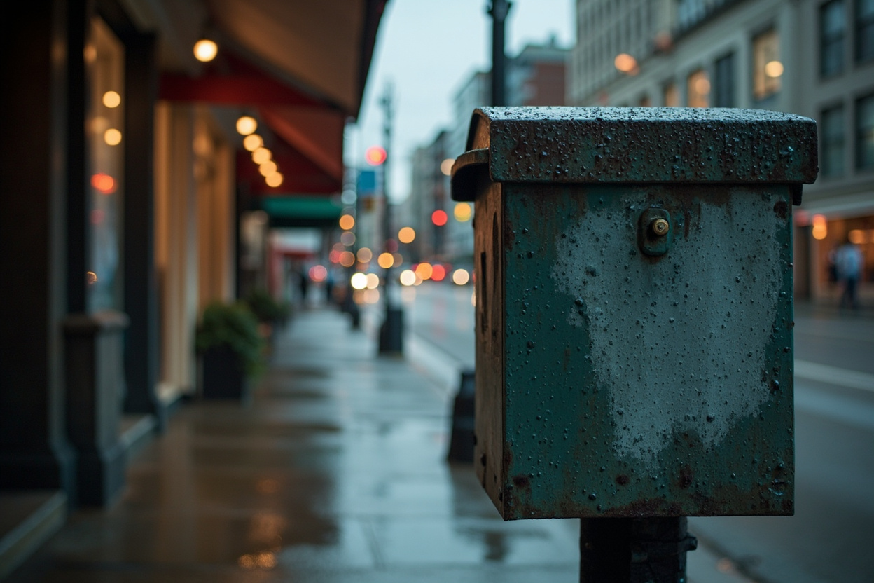 Rain beaded newspaper box on a wet kerb at first light, a row of shopfront awnings blurred behind it in Chilliwack BC