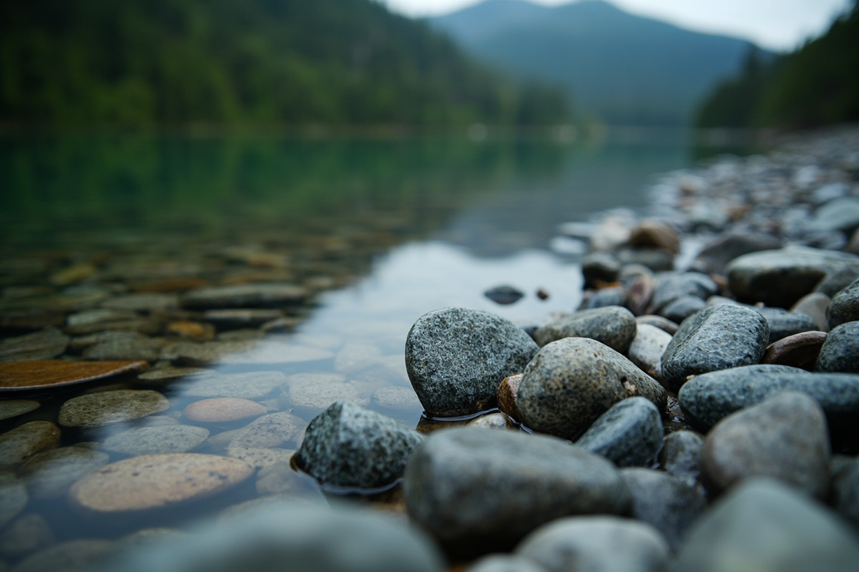 A gravel river bar of smooth grey stones at the edge of shallow green water, the forested slope behind it out of focus in Chilliwack BC