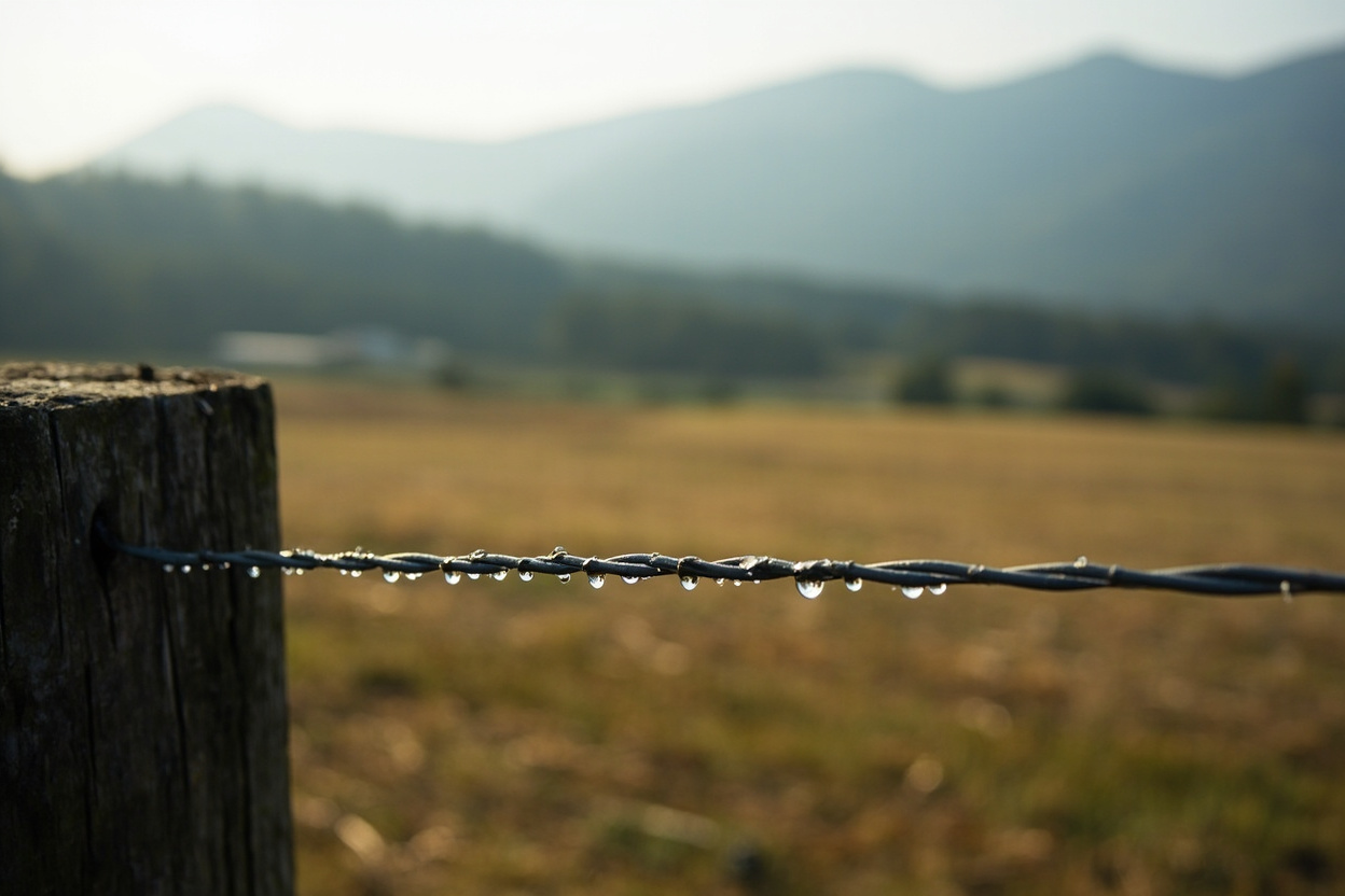 Dew on a wire fence at the edge of a cut hayfield at first light, the flat valley floor behind it and the mountain wall beyond softened to grey layers in Chilliwack BC