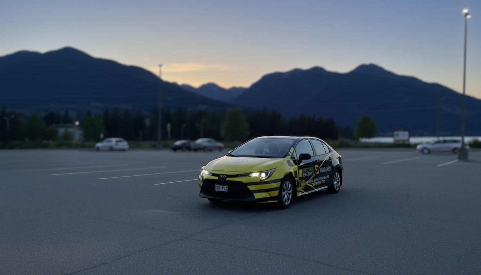 Security guards patrol car in parking lot with mountains background