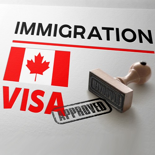 Document displaying "IMMIGRATION VISA" text alongside a Canadian flag and an "APPROVED" rubber stamp.
