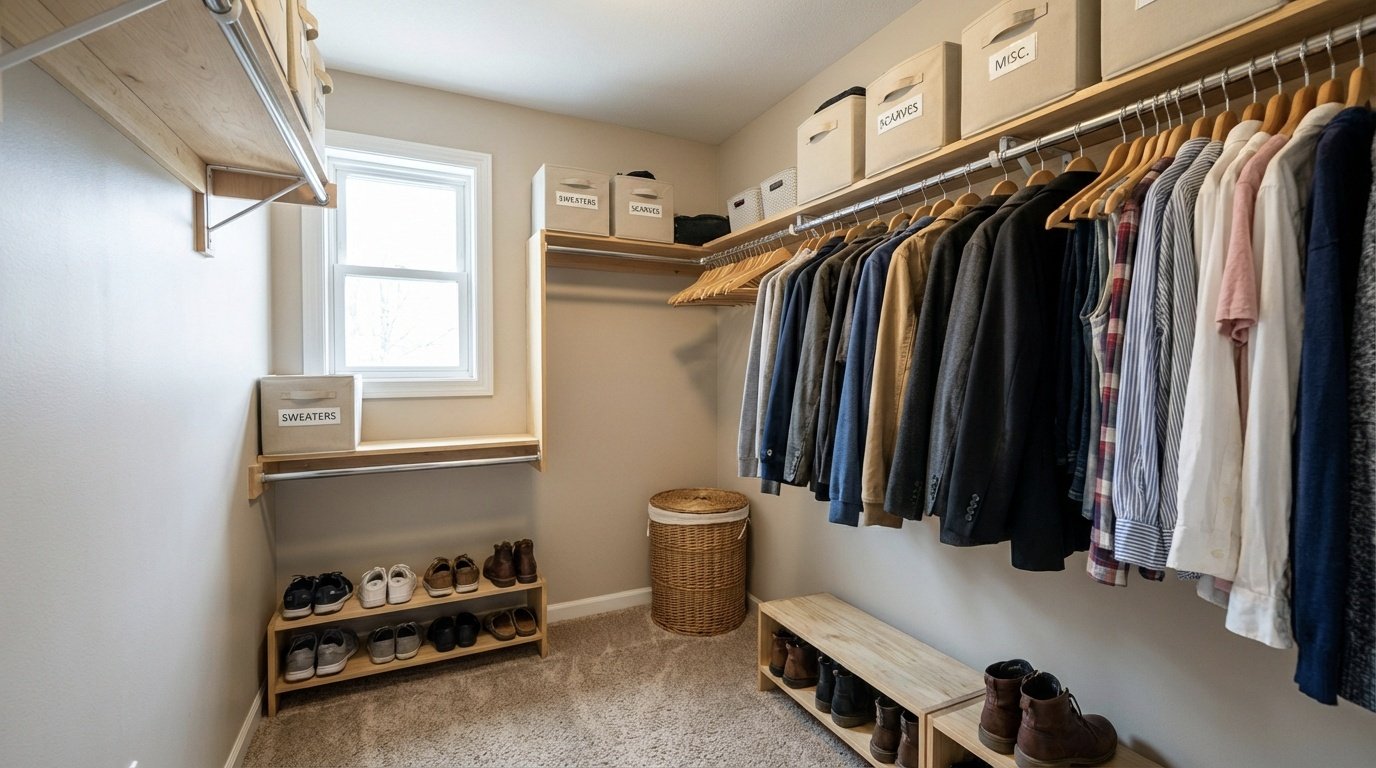 A reorganised walk-in closet with labelled storage boxes and matching hangers