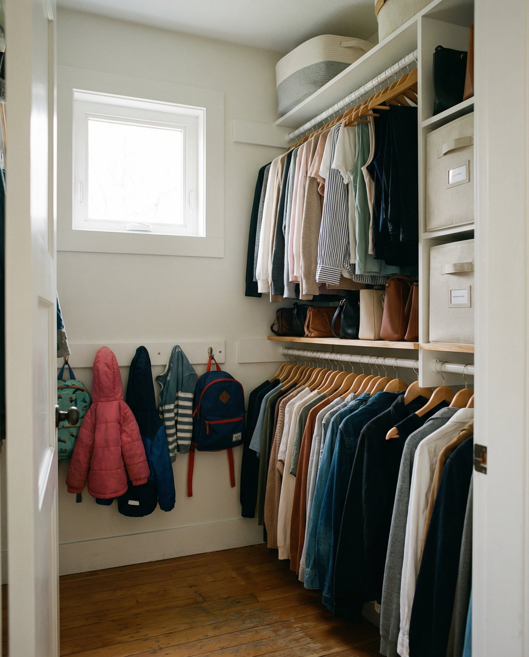 A walk-in closet after organizing, with children's coats on hooks and clothing sorted by type